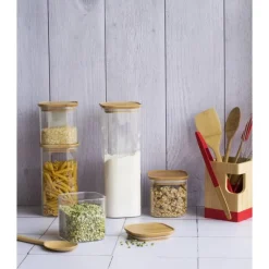 Clearance PEBBLY Boîte en verre empilable 2200 ml avec couvercle en bambou 11x11x30 cm