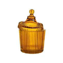 Clearance Boîte ronde décorative en verre fumé ocre strié - Ø 9,5 x H 15 cm