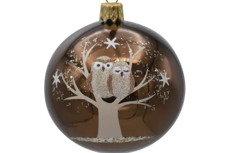 Best Boule de Noël brun et vert chouettes en verre - Ø 7 cm
