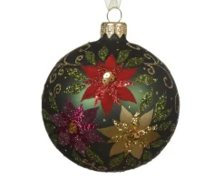Clearance KAEMINGK Boule en verre finition mate vert pin avec décor poinsettia - Ø 8 cm