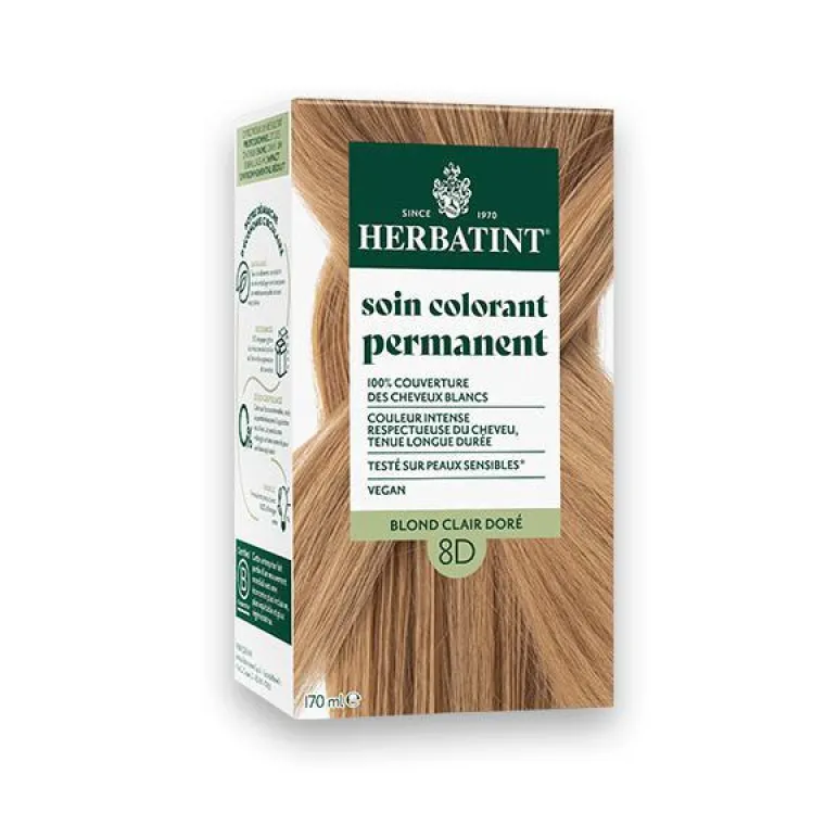 HERBATINT Coloration permanente pour cheveux blond clair doré 8D aux extraits végétaux biologiques vegan - 170 ml