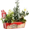 Hot BOTANIC® Composition jardinette zinc rouge décor village - 26 cm