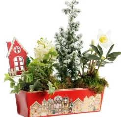 Hot BOTANIC® Composition jardinette zinc rouge décor village - 26 cm