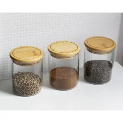 New PEBBLY Ensemble de 3 boîtes à épices 190 ml en verre et bambou 8,5 x6,5 cm