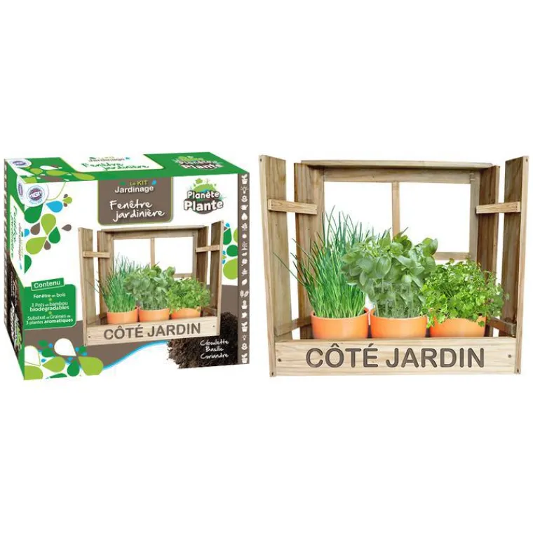 PLANÈTE PLANTE Fenêtre jardinière de 3 pots bamboo avec graines et terre Planète Plante - 3 variétés
