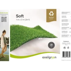 Outlet EXELGREEN Gazon synthétique soft recyclable épaisseur 25 mm coloris vert - le rouleau de 3 m x 1 m.