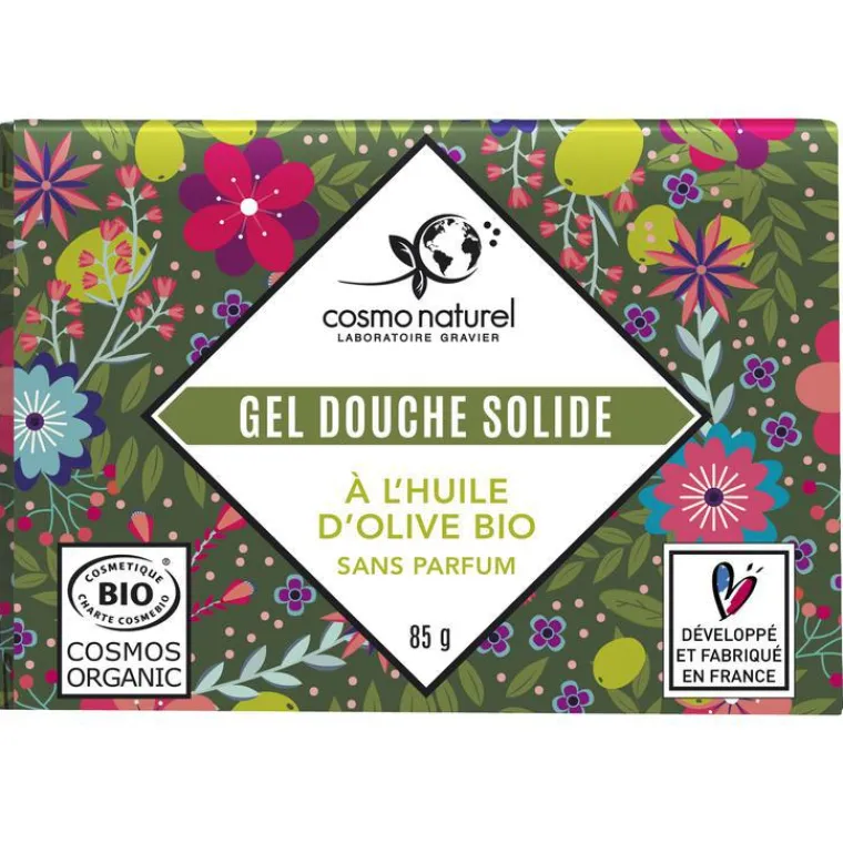 Sale COSMO NATUREL Gel douche solide Huile d’olive Etui 85 g vert
