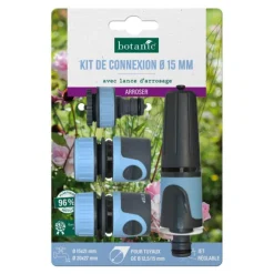 Hot BOTANIC® Kit de connexion Ø 15 mm pour tuyaux Ø 12,5 / 15 mm avec lance d'arrosage