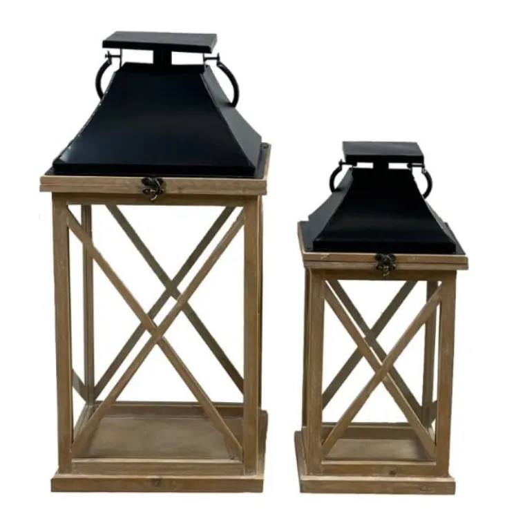 Discount Lanterne coloris noir en bois de sapin - 21 x 21 x 45 cm