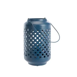 Clearance Lanterne en métal émaillé bleu mat décor cubes - Ø 15 x H 25 cm