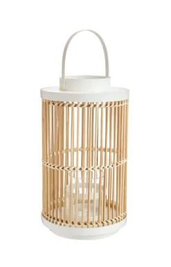 Outlet Lanterne lignes bicolore coloris beige en bambou - 20 x 20 x 35 cm