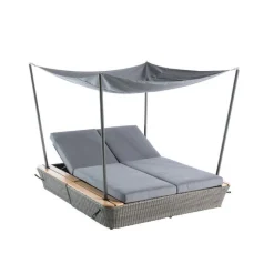 Discount Lit double en aluminium, résine tressée et toile Islo - 200 x 180 x 170 cm