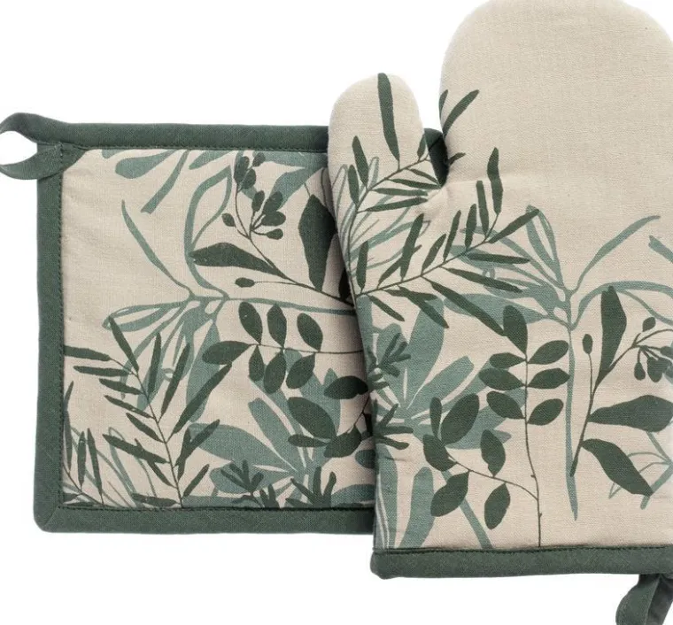 Clearance WINKLER Lot gant et manique en coton motif végétal vert Majda - 18 x 28 cm