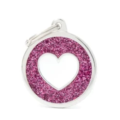 Discount MYFAMILY Médaille à graver pour chien coloris rose pailleté grand cercle avec un cœur blanc Shine