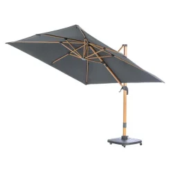 Clearance Parasol déporté Heat transfert effet teck en aluminium et polyester coloris anthracite chiné - 3 x 3 m
