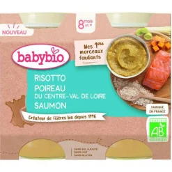 Hot BABYBIO Petits pots pour bébé dès 8 mois risotto poireau saumon avec morceaux Mes 1ers morceaux fondants – 2 x 200 g