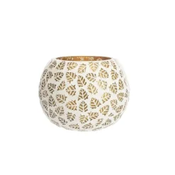Online Photophore en verre blanc à mosaïque de feuilles or - Ø 15 x H 12 cm