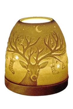Best Photophore mini igloo en céramique blanche et socle bois motif cerf - Ø 9 x H 11 cm