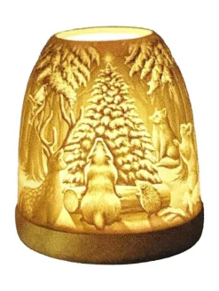 Clearance Photophore mini igloo en céramique blanche et socle bois motif animaux de la forêt - Ø 9 x H 11 cm