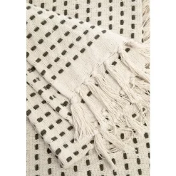 Discount Plaid frangé en coton écru surpiqué noir 170x130 cm