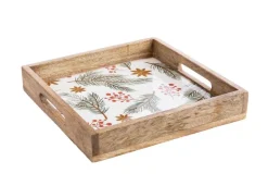 Sale Plateau carré branche de sapin baies coloris vert en bois de manguier - 30 x 30 x 6 cm