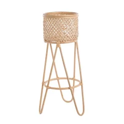 Porte plantes coloris beige en rotin tressé - 30 x 30 x 90 cm