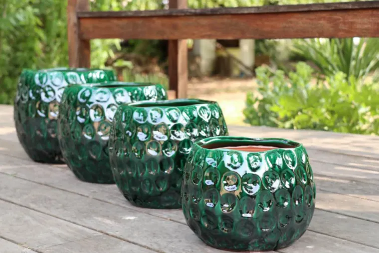 LES POTERIES D'ALBI Pot en terre émaillée coloris vert Ecaille - Ø 22 x H 23 cm