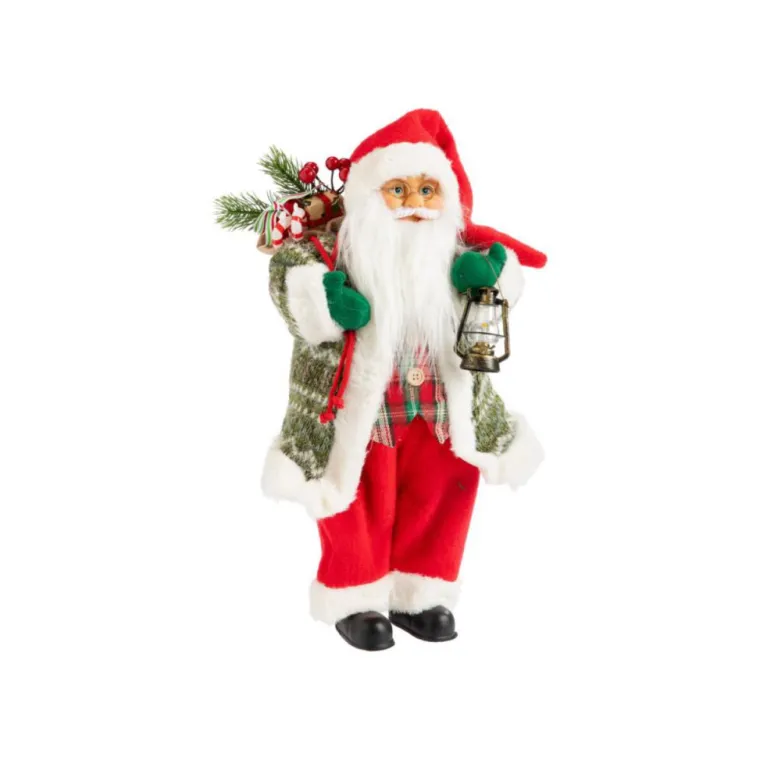 Discount Père Noël à tartan vert et rouge avec hotte et lanterne - 46 cm