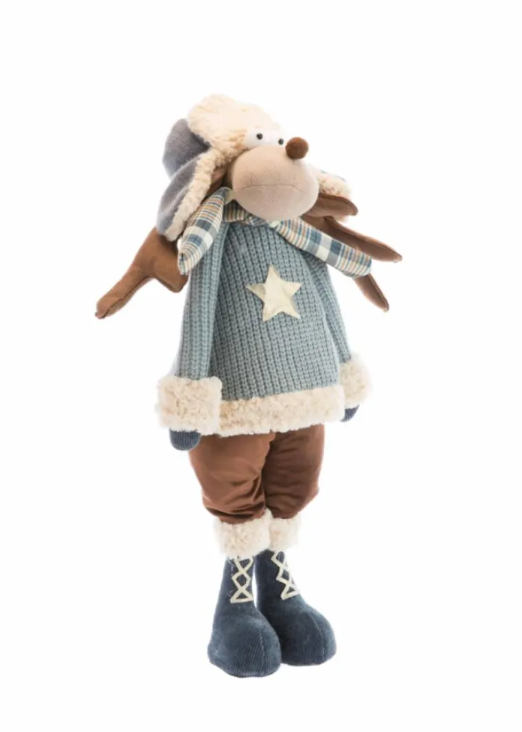 Sale Renne debout en tissu avec pull bleu à étoile - 28 x 21 x 66 cm