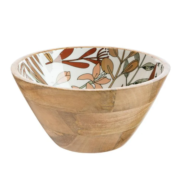 Clearance Saladier décor floral coloris marron en bois de manguier - 24 x 24 x 12 cm