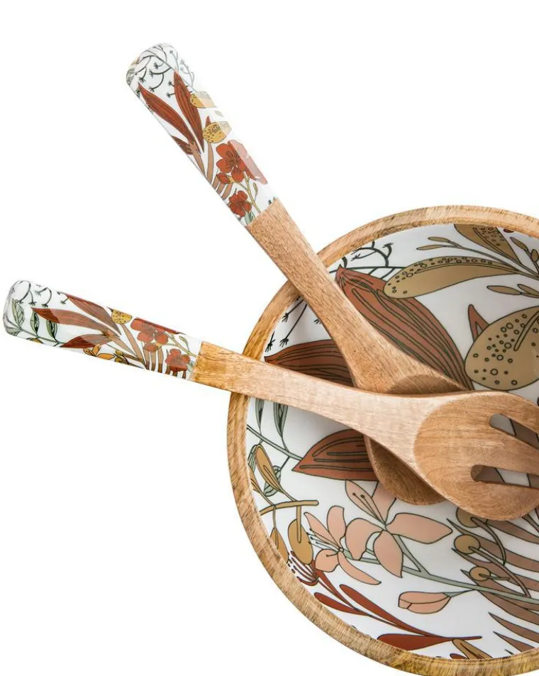 Clearance Saladier décor floral coloris marron en bois de manguier - 24 x 24 x 12 cm