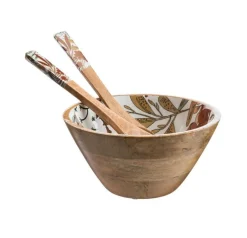 Clearance Saladier décor floral coloris marron en bois de manguier - 24 x 24 x 12 cm