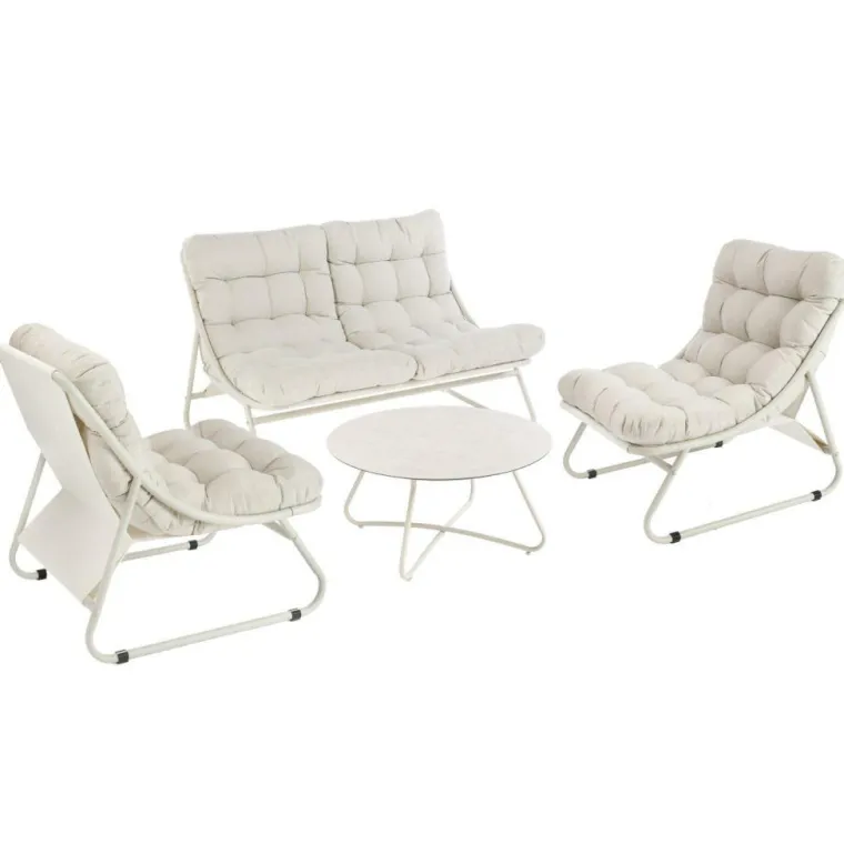 Clearance Salon de jardin en acier coloris beige Iris - 4 éléments (canapé, table basse et deux fauteuils)