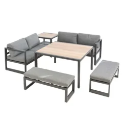 New Salon de jardin en aluminium graphite Cinto III - 6 éléments (deux banquettes, deux bancs, table d'angle et table haute carrée)