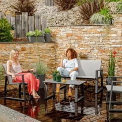 Sale Salon de jardin en aluminium graphite et toile textylène gris perle Alysse - 4 éléments (canapé, table basse et deux fauteuils)