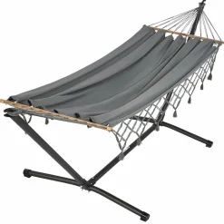 New JOBEK Set support et hamac MetaliK coloris anthracite à franges en métal et polypropylène certifié FSC® Hamacs - 300 x 140 x 95 cm