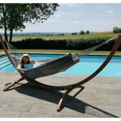 Clearance JOBEK Set support et hamac Weekend coloris anthracite taupe en bois et polypropylène Hamacs - 350 x 125 x 136,5 cm