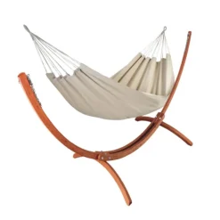 JOBEK Set support et hamac Weekend coloris taupe en bois et polypropylène Hamacs - 350 x 125 x 136,5 cm
