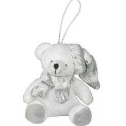 Suspension ours blanc en peluche avec écharpe et bonnet gris - 8 cm