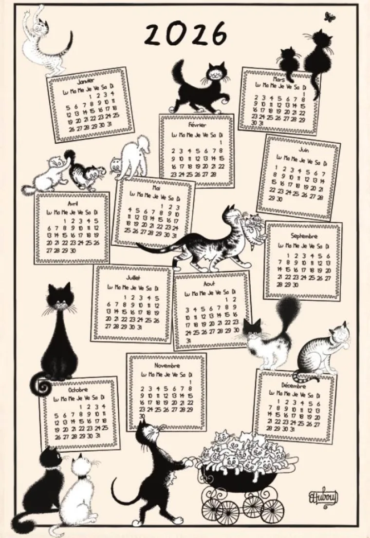 Discount WINKLER Torchon beige en coton motif chats Dubout Calendrier 2026 - 48 x 72 cm