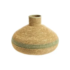 Vase boule en osier tressé naturel avec bande verte pour fleurs séchées - Ø 25 x H 19 cm